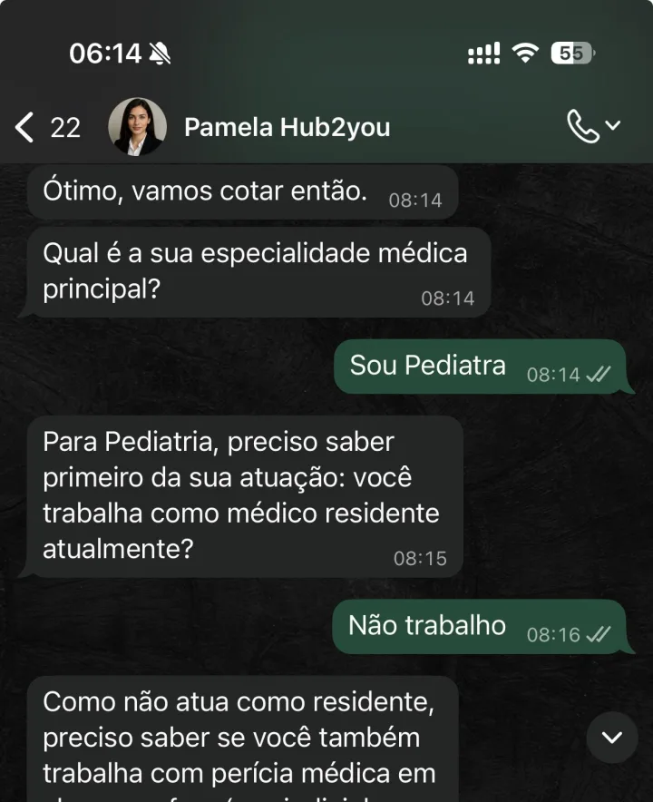 Conversa no WhatsApp em que o agente qualifica o médico